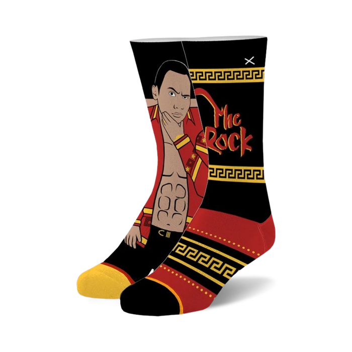 black socks with red and yellow pattern featuring the rock from wwe. crew length. for men and women.    }}