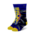 Pair of crew socks; blue, yellow, and black with 'BACK TO THE FUTURE' and DeLorean car graphics.