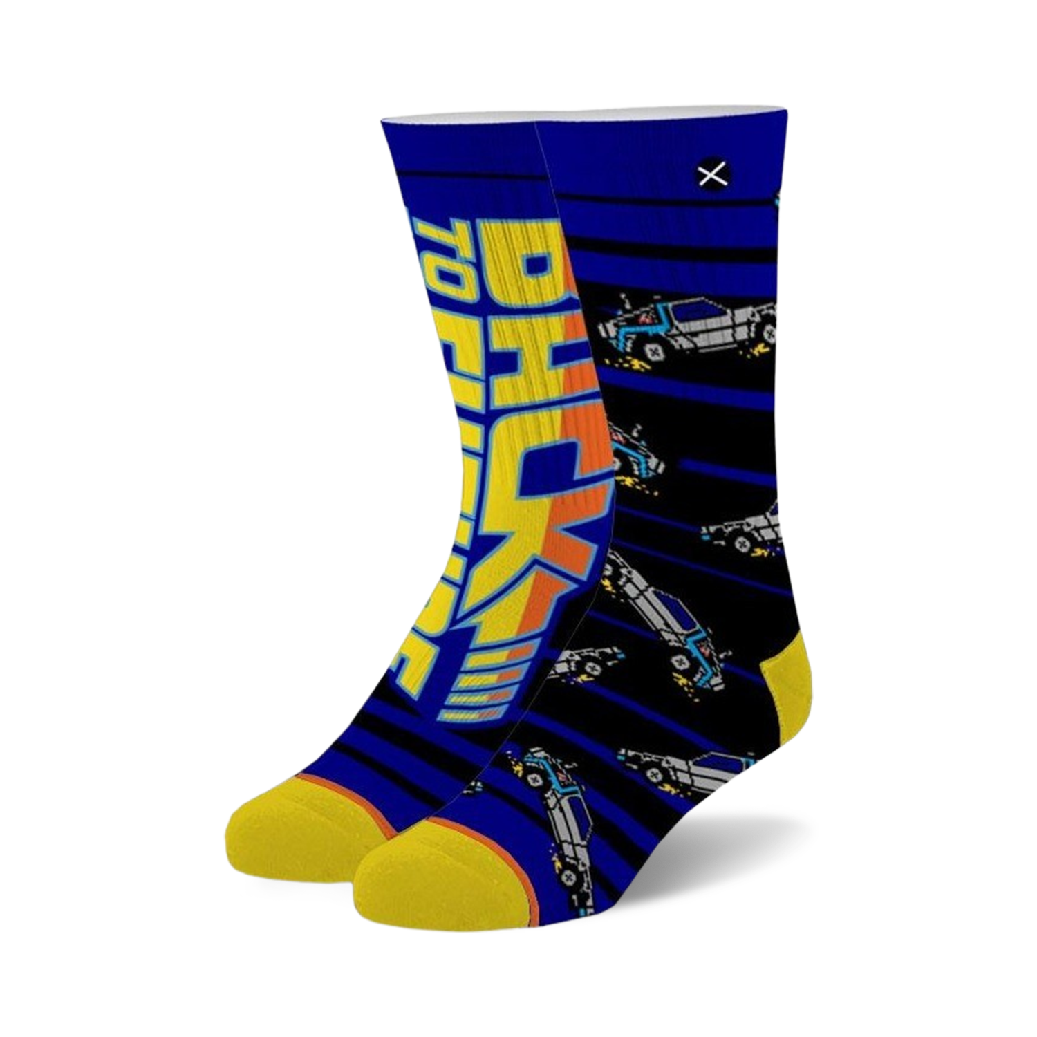 Pair of crew socks; blue, yellow, and black with 'BACK TO THE FUTURE' and DeLorean car graphics.