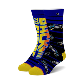 blue crew socks with yellow stripes and a black car; back to the future themed; men's and women's.   