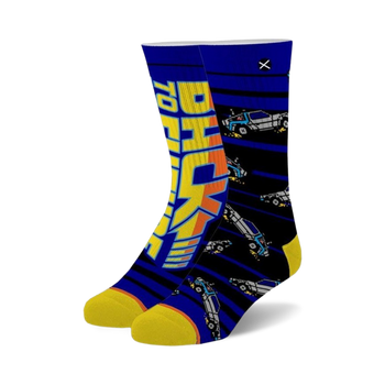 blue crew socks with yellow stripes and a black car; back to the future themed; men's and women's.   
