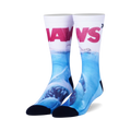 Pair of crew socks; white background with 'JAWS' in red, depicting a great white shark underwater in shades of blue.
