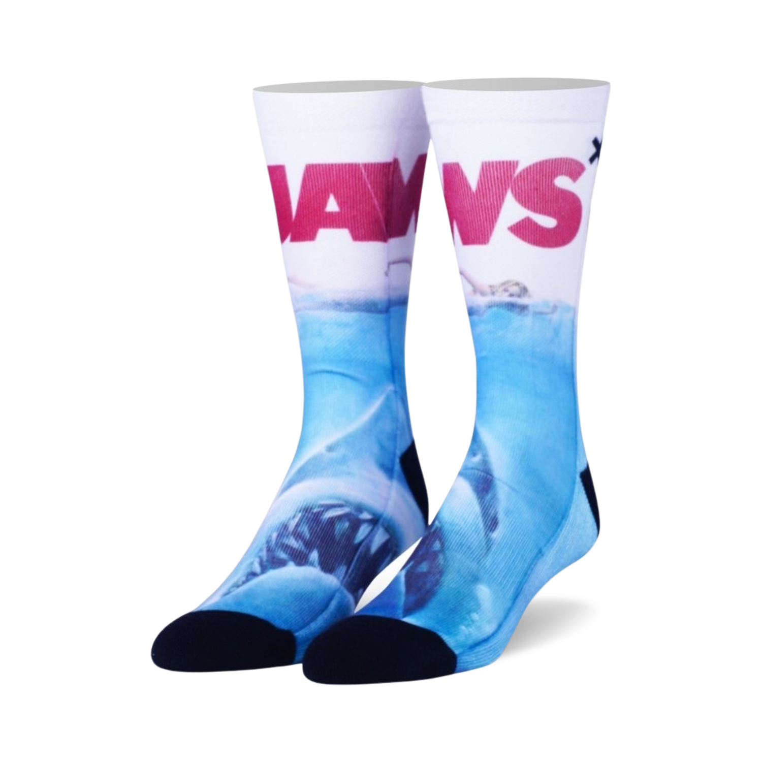 Pair of crew socks; white background with 'JAWS' in red, depicting a great white shark underwater in shades of blue.