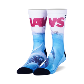 blue crew socks with great white shark biting a woman in a white swimsuit jaws logo at the top  
