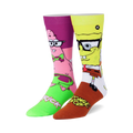 Crew socks featuring Spongebob and Patrick in glasses. Yellow, pink, green, and brown colors. Fun, cartoonish design.