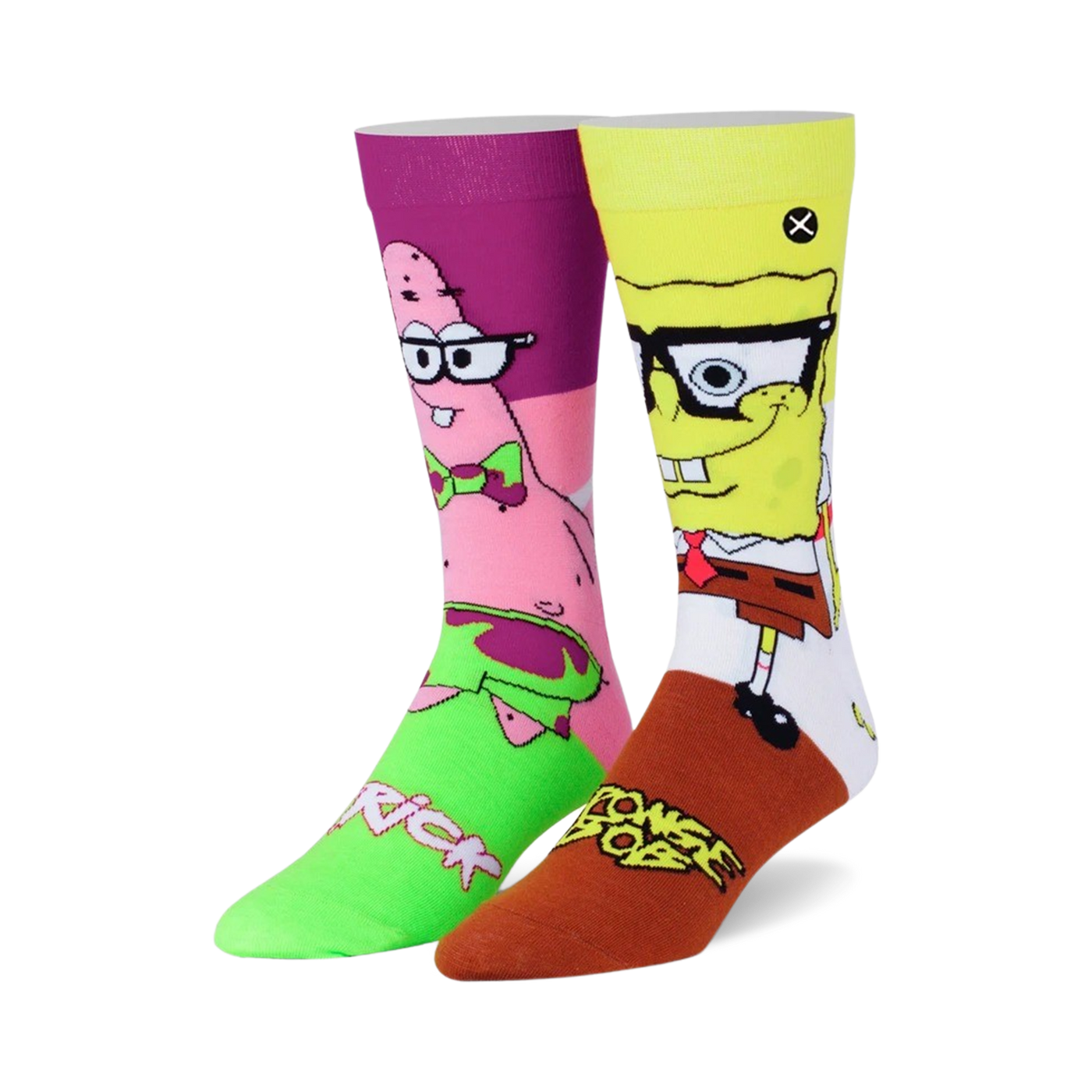 Crew socks featuring Spongebob and Patrick in glasses. Yellow, pink, green, and brown colors. Fun, cartoonish design.