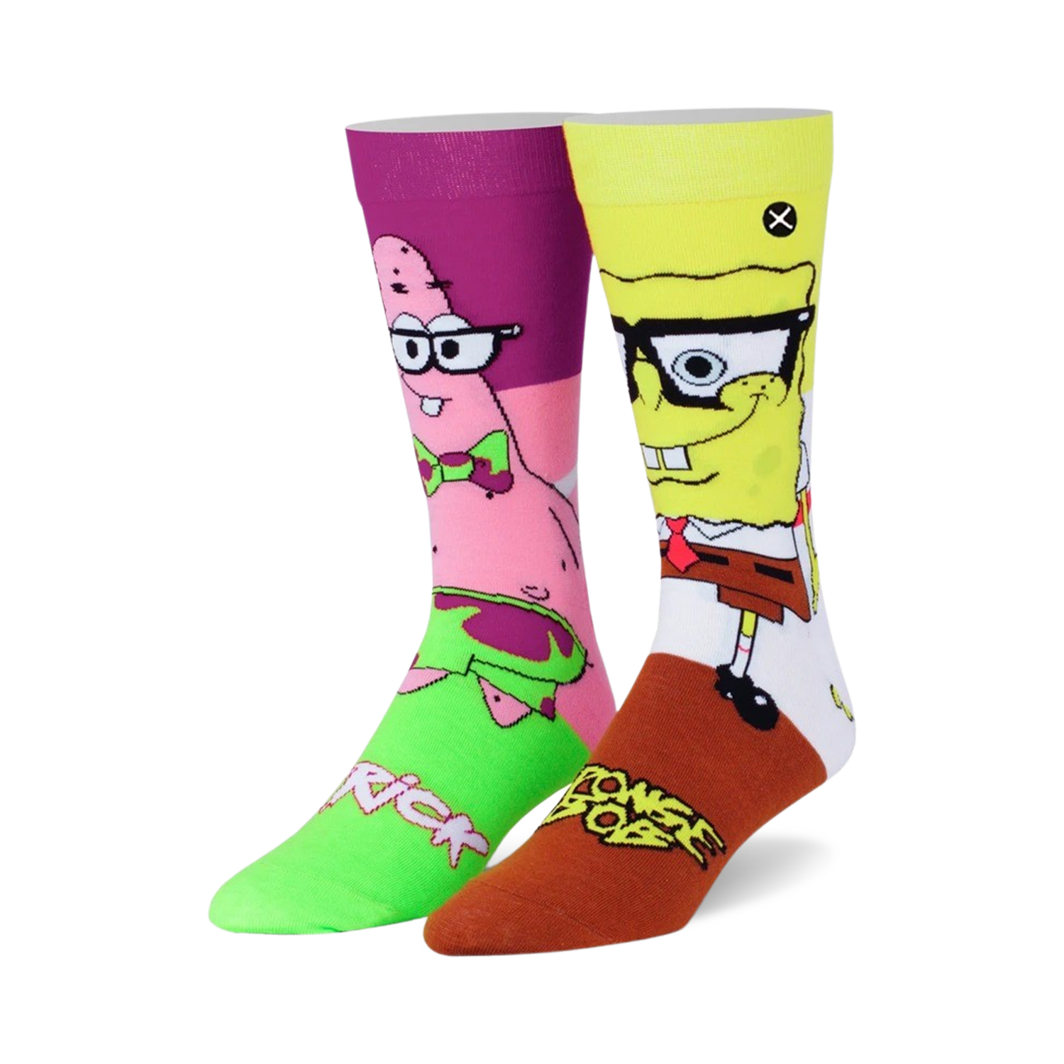 Crew socks featuring Spongebob and Patrick in glasses. Yellow, pink, green, and brown colors. Fun, cartoonish design.