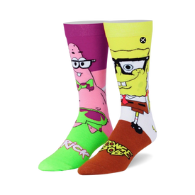 purple, green, yellow, and brown novelty socks featuring spongebob and patrick in their underwear. spongebob is wearing glasses.   