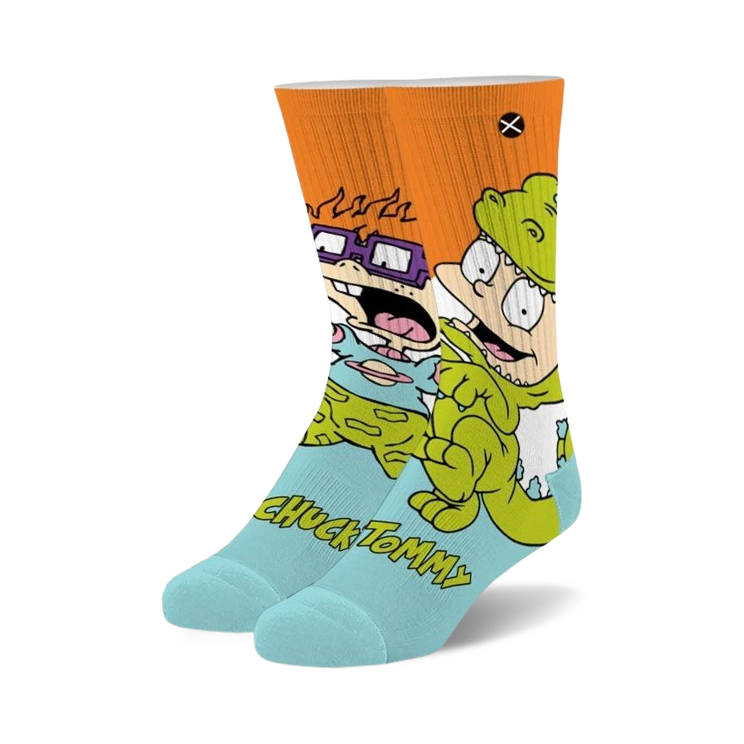 A pair of light blue crew socks featuring Tommy and Chuckie from Rugrats in a colorful cartoon design on an orange background.
