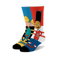 A pair of crew socks showcasing Arnold and Gerald from Hey Arnold!  The socks are mainly blue, red, yellow, and white with cartoon character graphics.