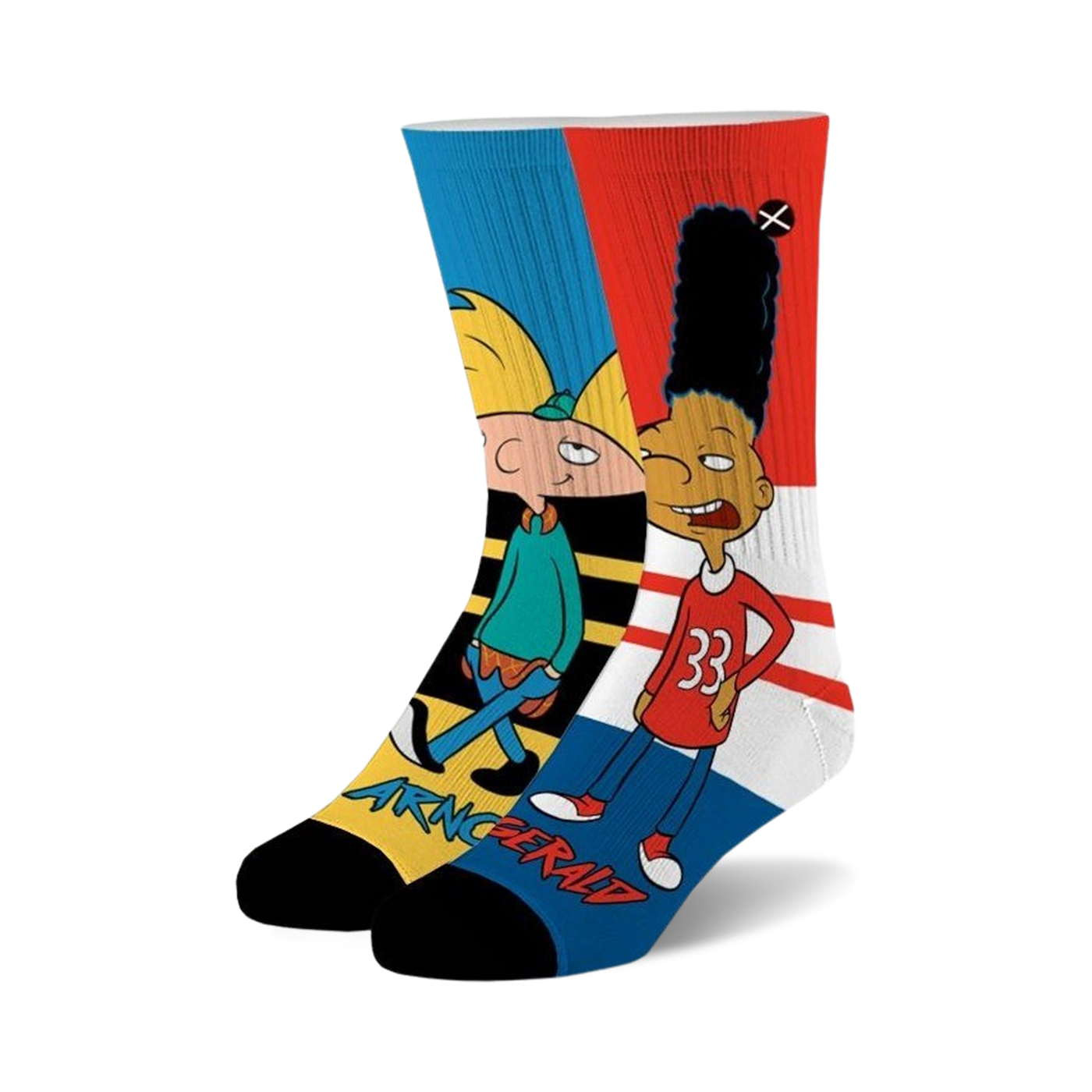 A pair of crew socks showcasing Arnold and Gerald from Hey Arnold!  The socks are mainly blue, red, yellow, and white with cartoon character graphics.