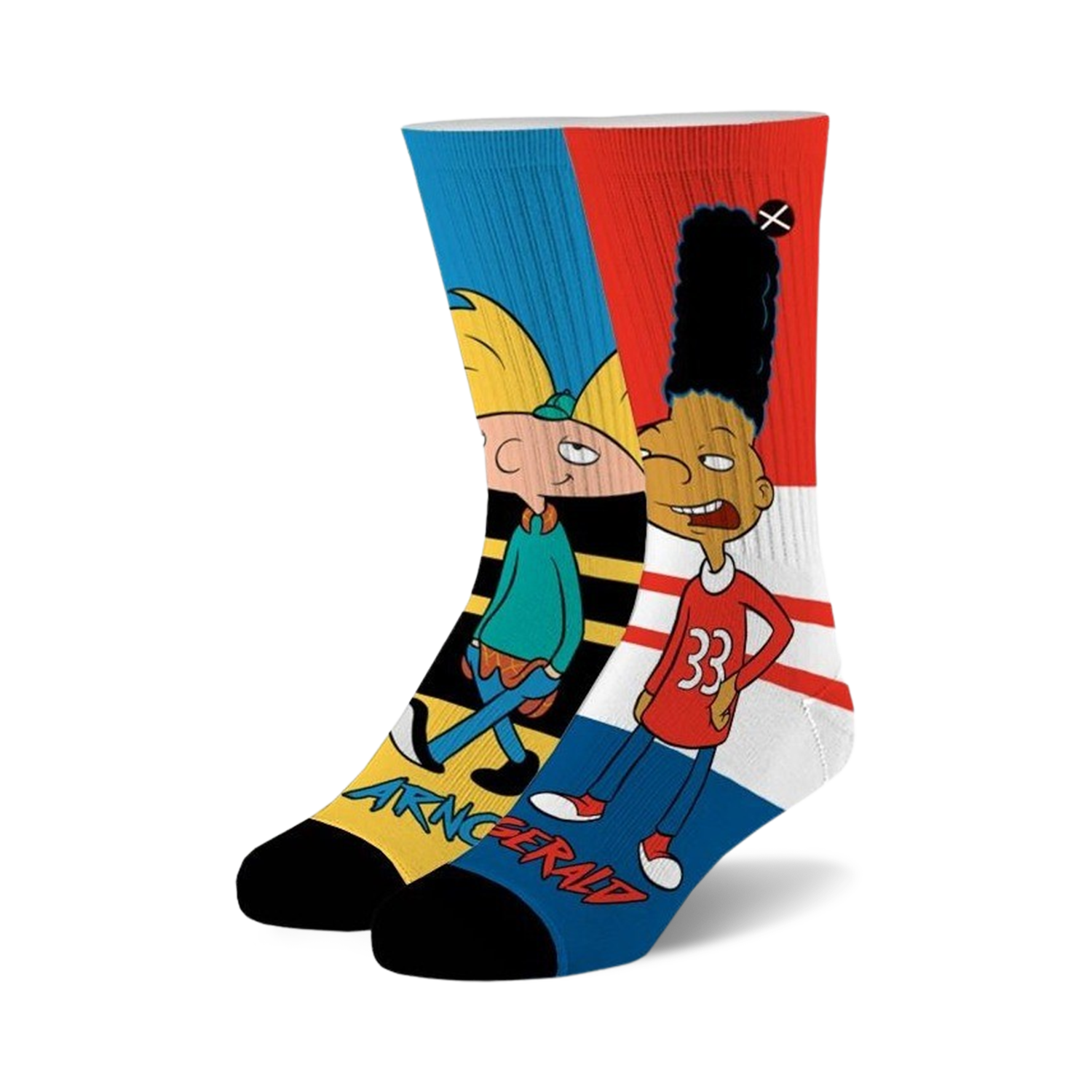 A pair of crew socks showcasing Arnold and Gerald from Hey Arnold!  The socks are mainly blue, red, yellow, and white with cartoon character graphics.