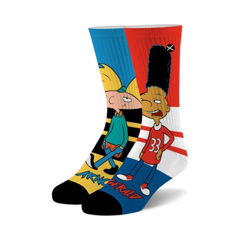 white crew socks with blue, red, yellow, and black cartoon characters arnold and gerald from the show hey arnold! for men and women.  