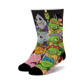 Crew socks showcasing Teenage Mutant Ninja Turtles characters, Shredder, Bebop, Rocksteady, and more in green, purple, and other bright colors.