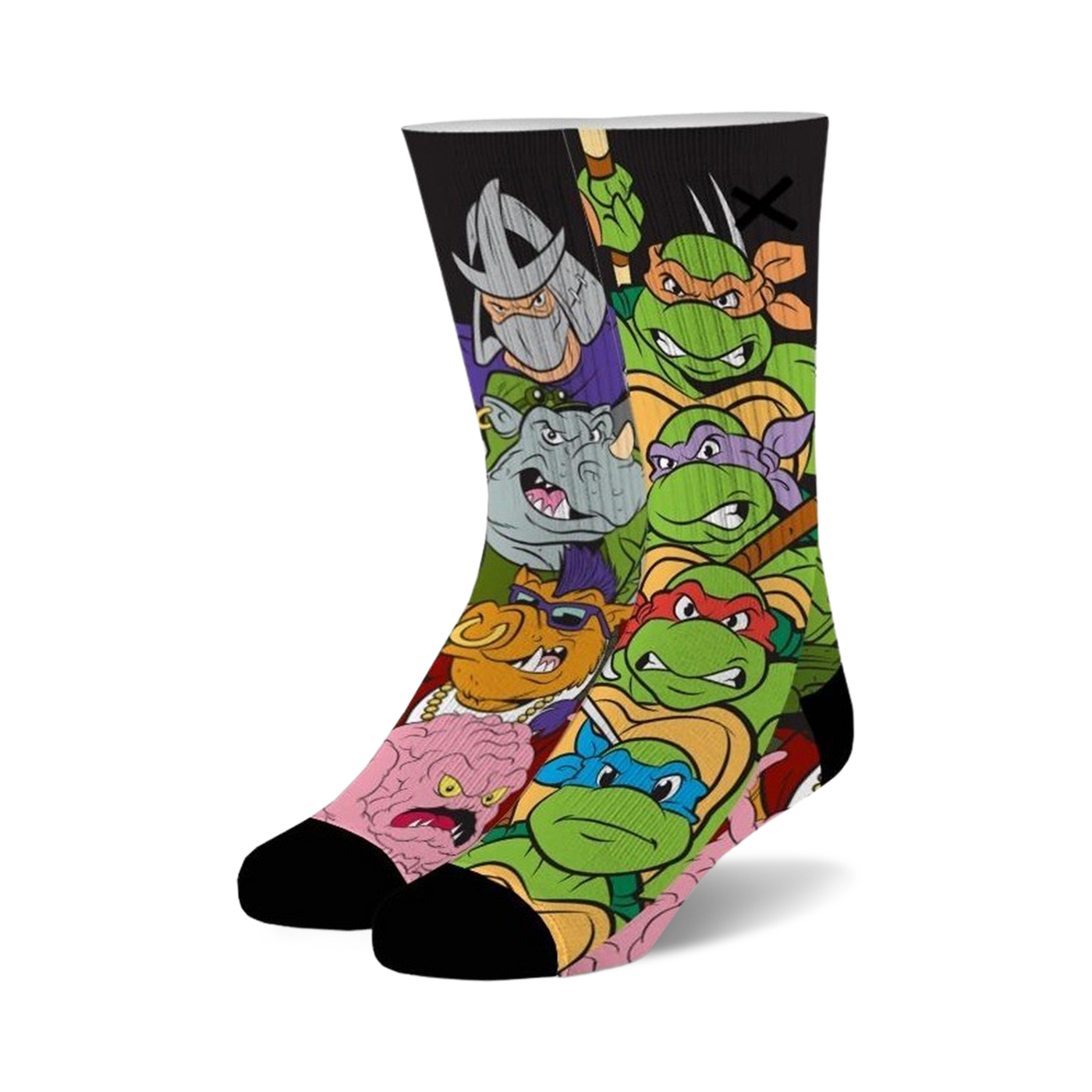 Crew socks showcasing Teenage Mutant Ninja Turtles characters, Shredder, Bebop, Rocksteady, and more in green, purple, and other bright colors.