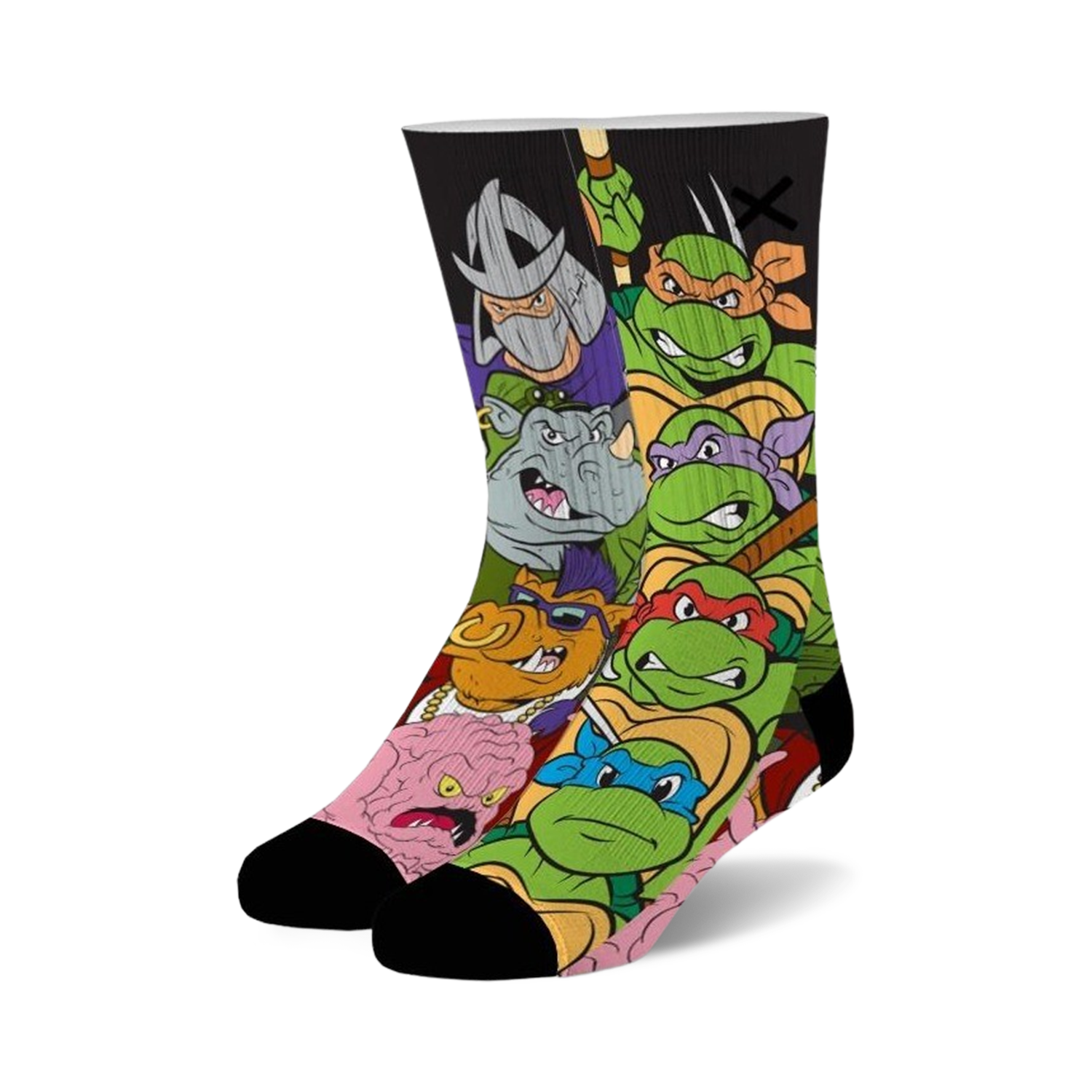 Crew socks showcasing Teenage Mutant Ninja Turtles characters, Shredder, Bebop, Rocksteady, and more in green, purple, and other bright colors.