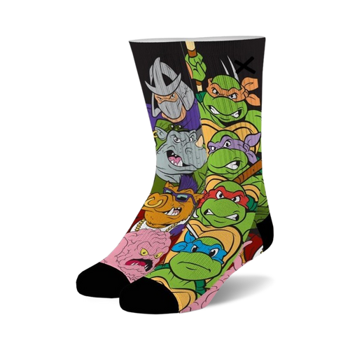 Crew socks showcasing Teenage Mutant Ninja Turtles characters, Shredder, Bebop, Rocksteady, and more in green, purple, and other bright colors.