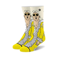 Pair of crew socks showcasing a comical illustration of a person in a yellow robe and sunglasses. The background is mostly yellow and white.