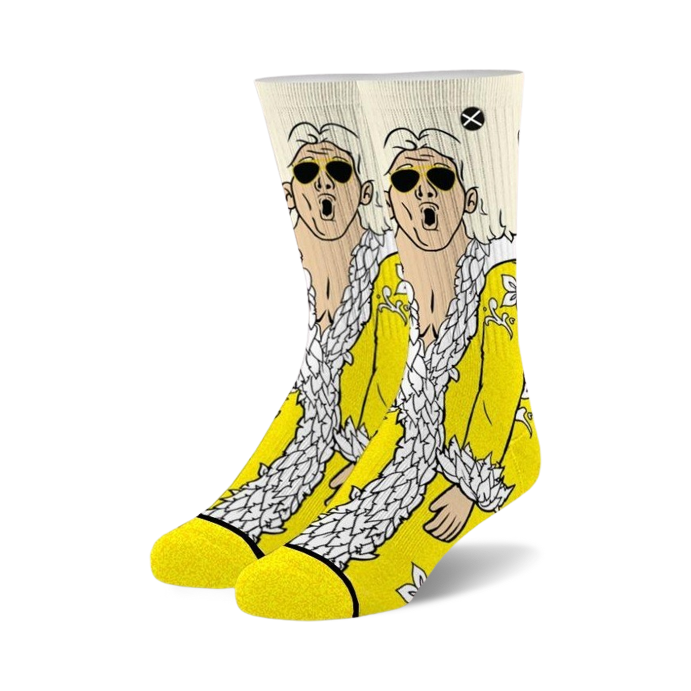 Pair of crew socks showcasing a comical illustration of a person in a yellow robe and sunglasses. The background is mostly yellow and white.