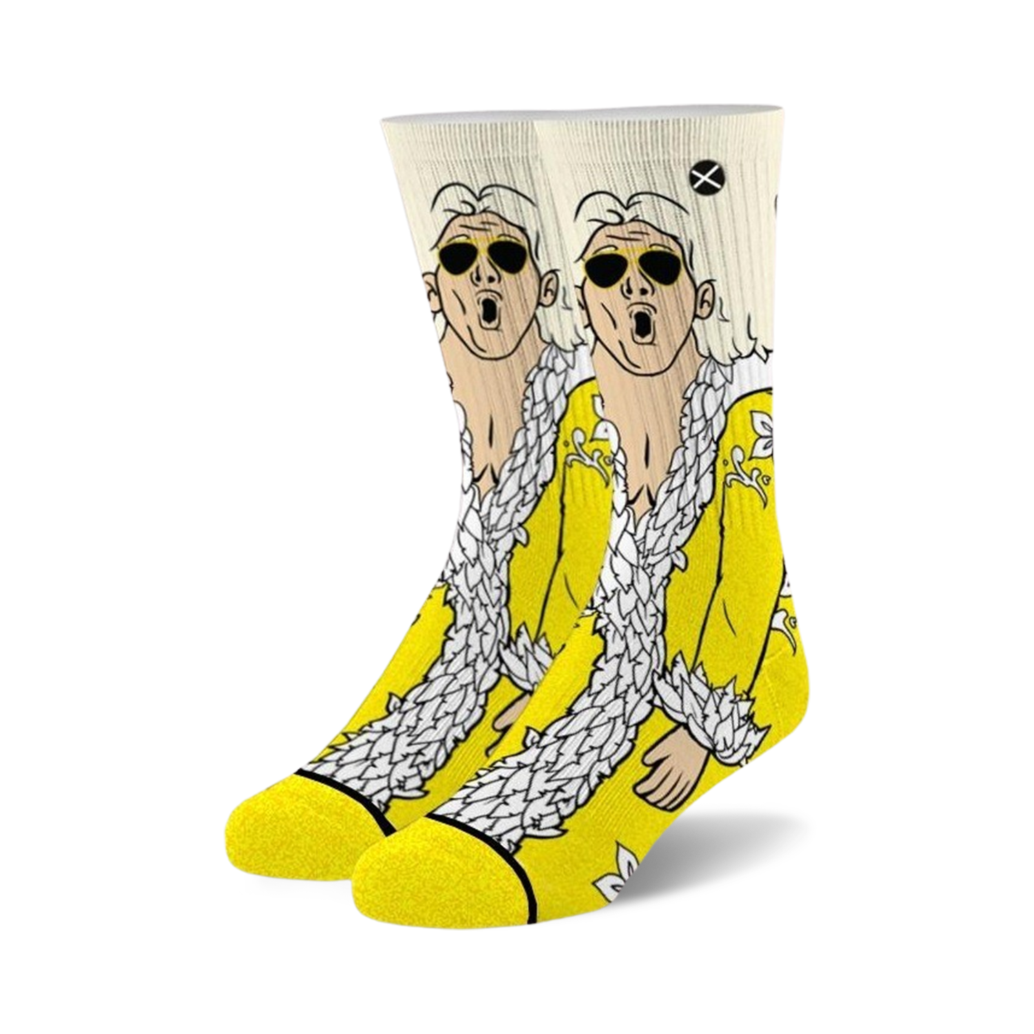 Pair of crew socks showcasing a comical illustration of a person in a yellow robe and sunglasses. The background is mostly yellow and white.