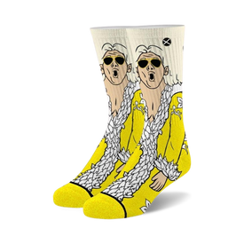 yellow crew socks with cartoon ric flair in surprised expression. wrestling theme.   