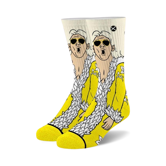 yellow crew socks with cartoon ric flair in surprised expression. wrestling theme.    }}