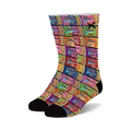 Crew socks covered in vibrant images of Top Ramen noodle cups in assorted colors.  A fun, quirky design for foodies.
