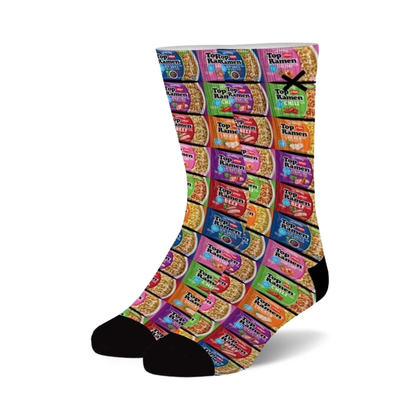 Crew socks covered in vibrant images of Top Ramen noodle cups in assorted colors.  A fun, quirky design for foodies.