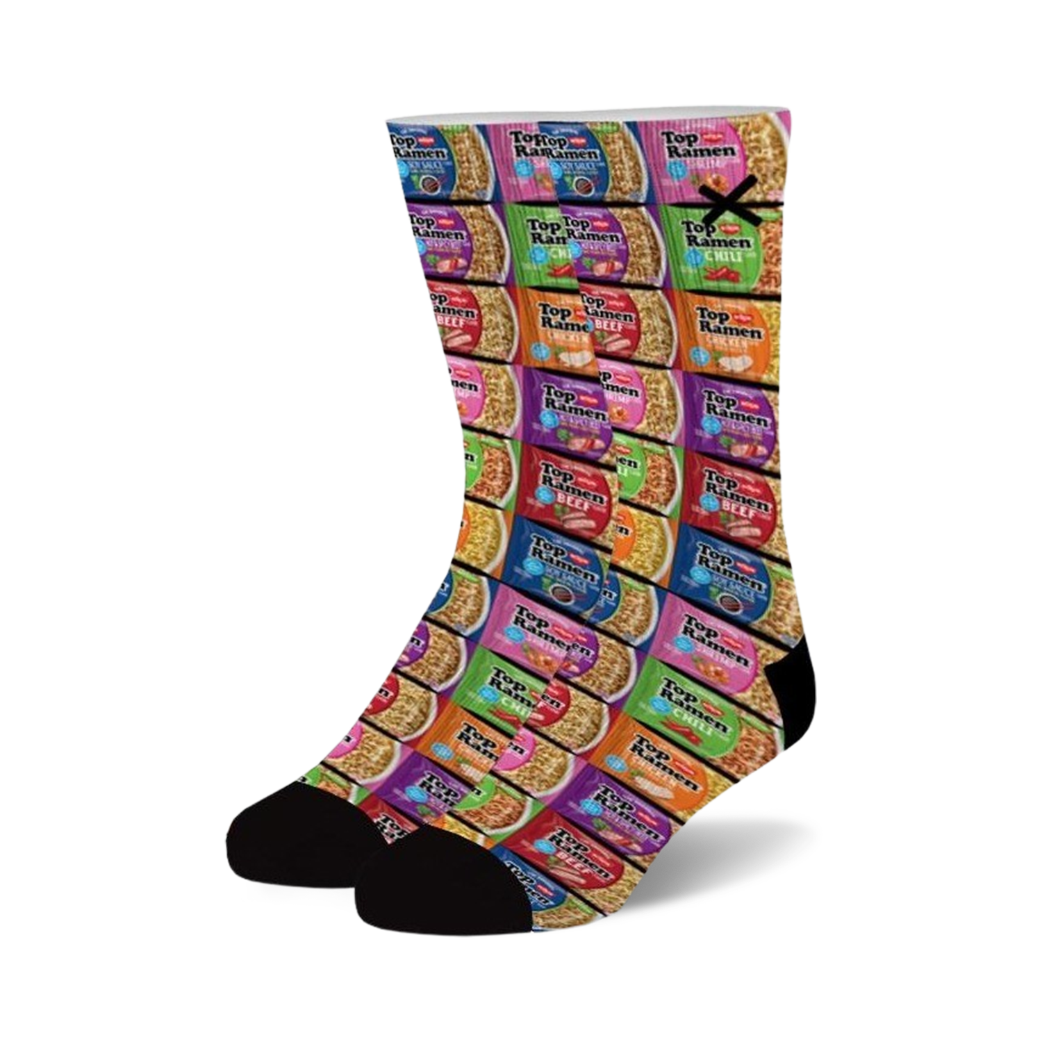 Crew socks covered in vibrant images of Top Ramen noodle cups in assorted colors.  A fun, quirky design for foodies.