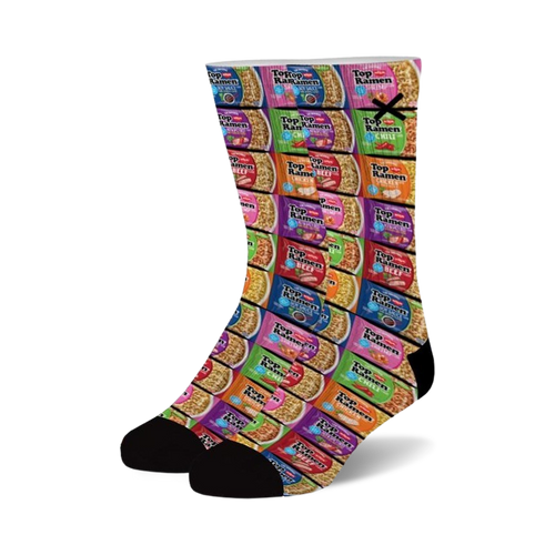 Crew socks covered in vibrant images of Top Ramen noodle cups in assorted colors.  A fun, quirky design for foodies.