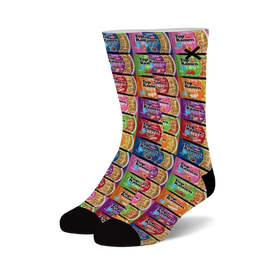 ramen cuisine crew socks: flavorful ramen noodle package pattern in different colors.  