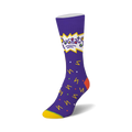 Crew socks in purple with the Rugrats logo and a colorful confetti pattern of zigzags, dots, and other shapes.