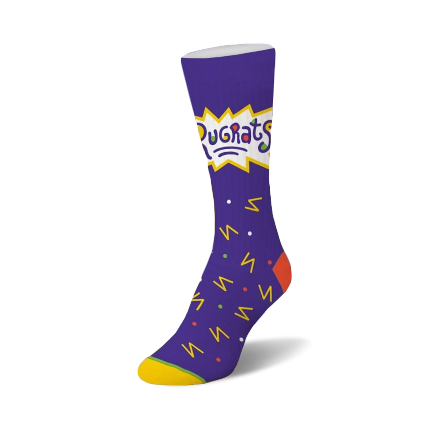 Crew socks in purple with the Rugrats logo and a colorful confetti pattern of zigzags, dots, and other shapes.