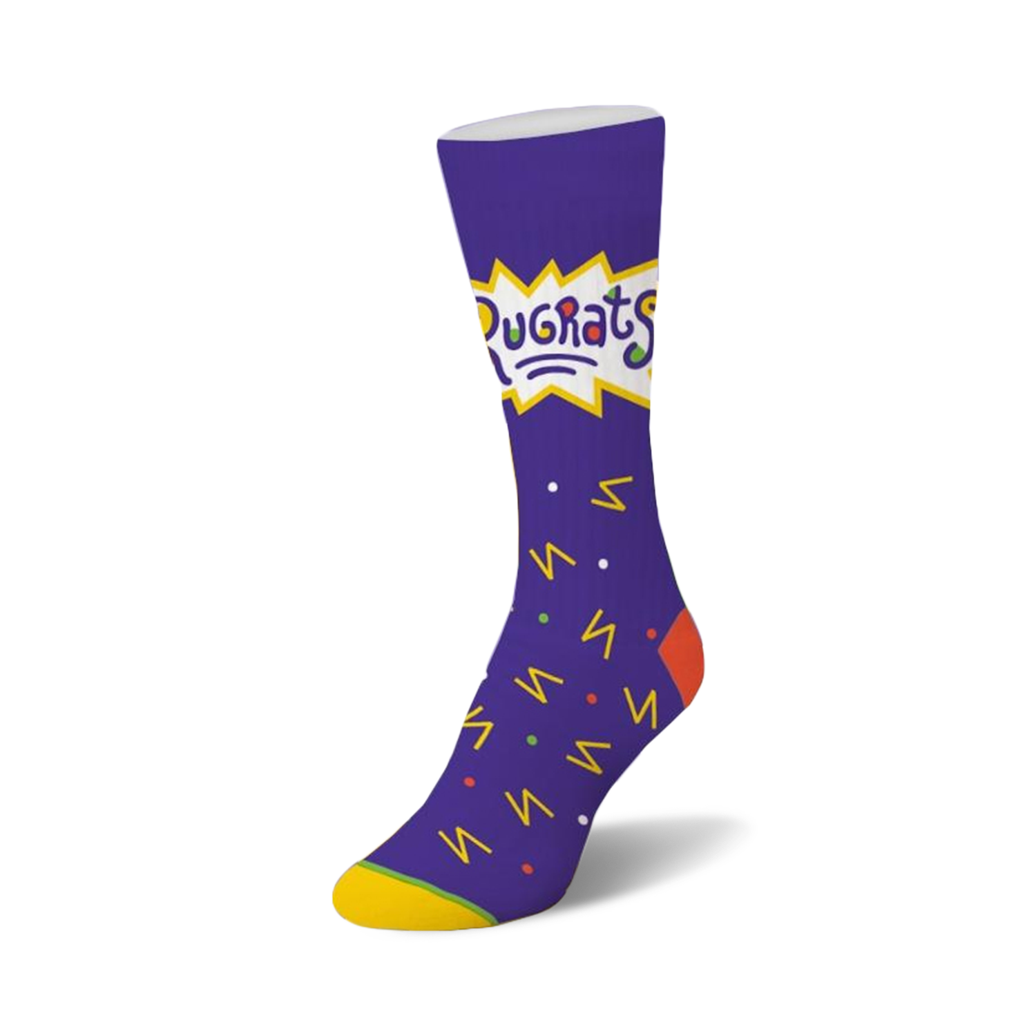 Crew socks in purple with the Rugrats logo and a colorful confetti pattern of zigzags, dots, and other shapes.