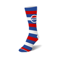 Crew socks in blue, red, and white horizontal stripes.  The Pepsi logo is prominently featured. A fun, retro design!