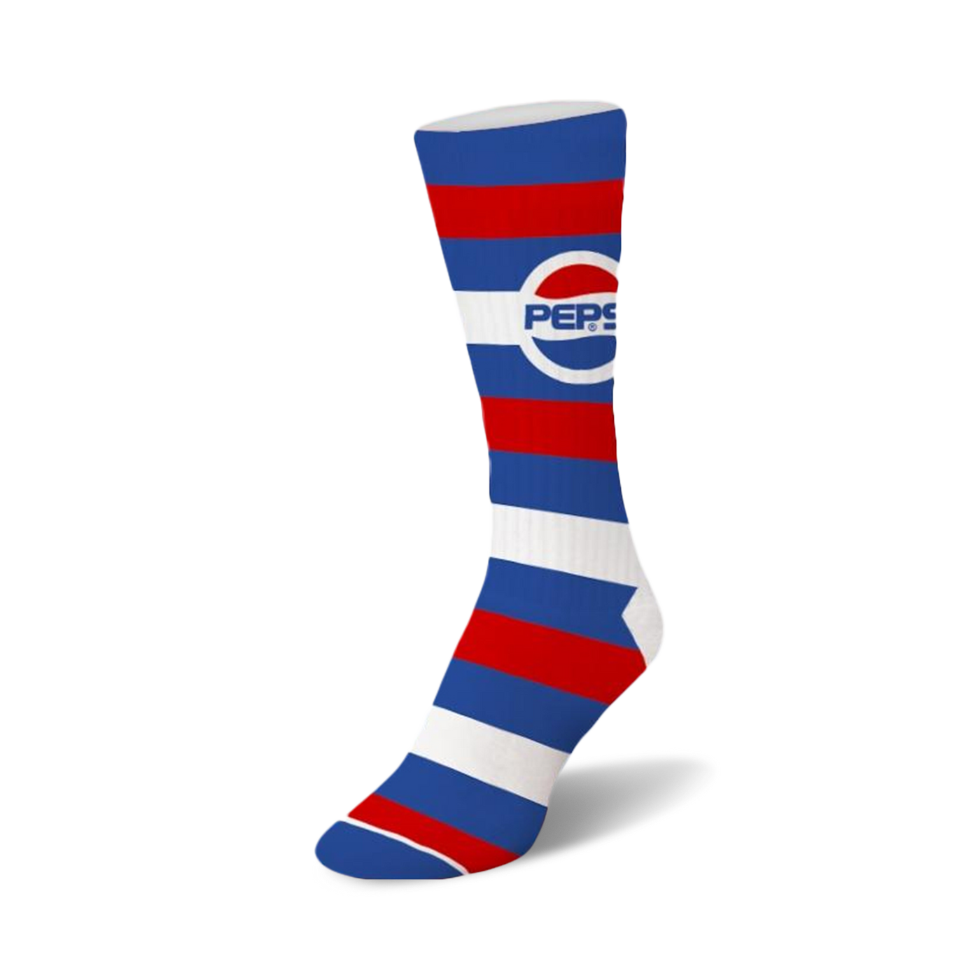 Crew socks in blue, red, and white horizontal stripes.  The Pepsi logo is prominently featured. A fun, retro design!