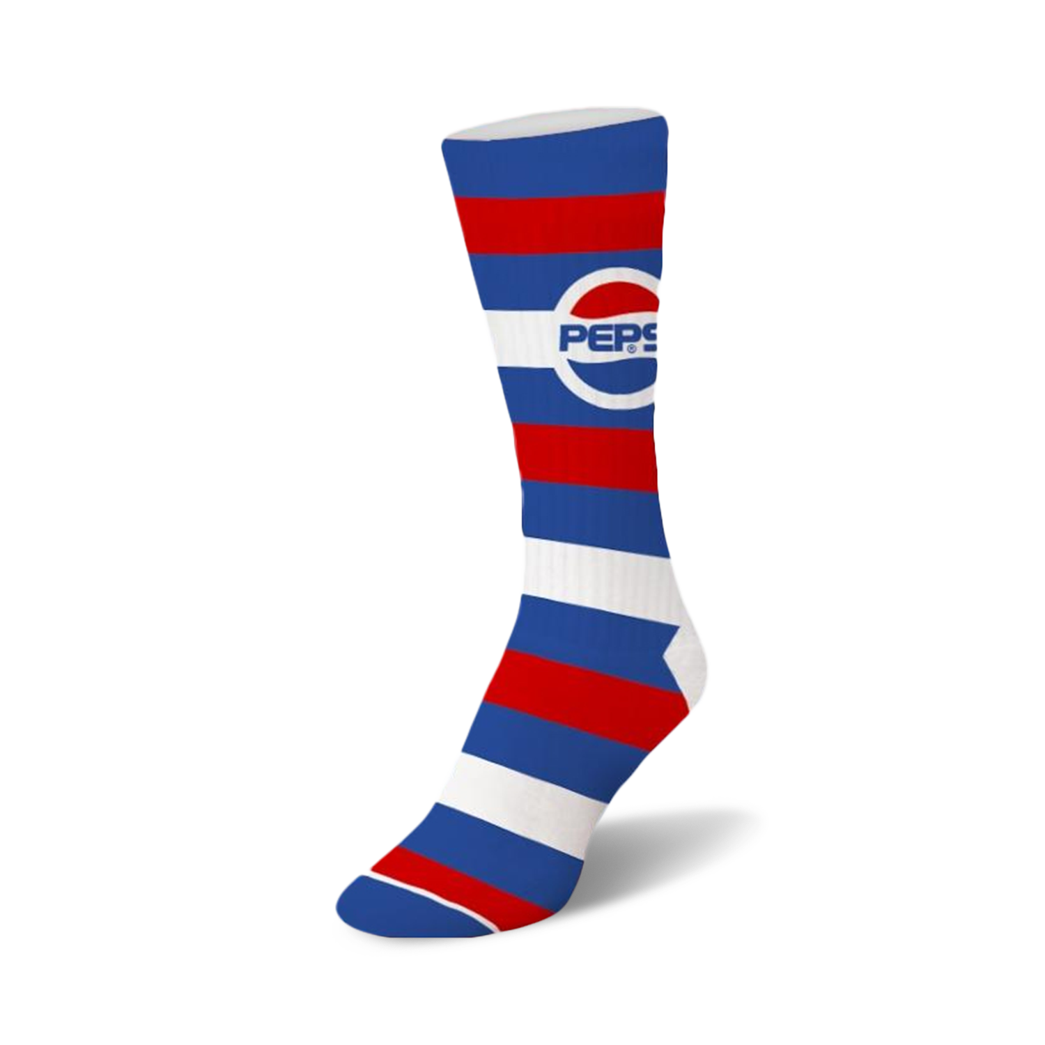 Crew socks in blue, red, and white horizontal stripes.  The Pepsi logo is prominently featured. A fun, retro design!