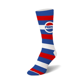 pepsi cola crew socks are blue with red and white stripes and logo.  