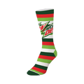 Crew socks in green, red, and white stripes, featuring the Mountain Dew logo. 