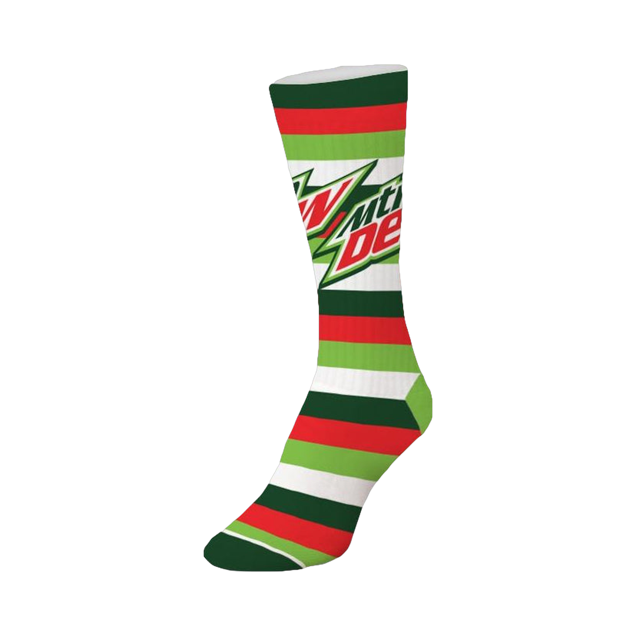 Crew socks in green, red, and white stripes, featuring the Mountain Dew logo. 
