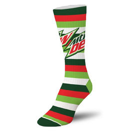 white crew socks with green and red stripes, mountain dew logo on front.   