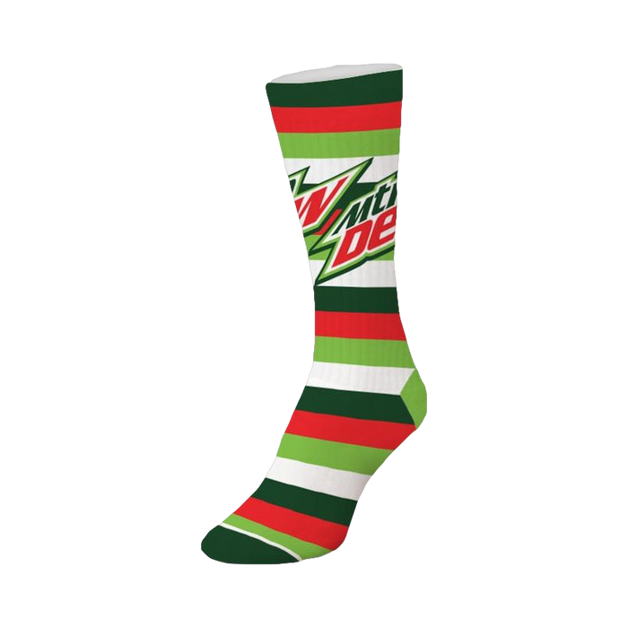 Crew socks in green, red, and white stripes, featuring the Mountain Dew logo.  }}
