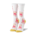 White crew socks with a repeating pattern of red and yellow Cup Noodles packaging.  A fun and quirky design for everyday wear.
