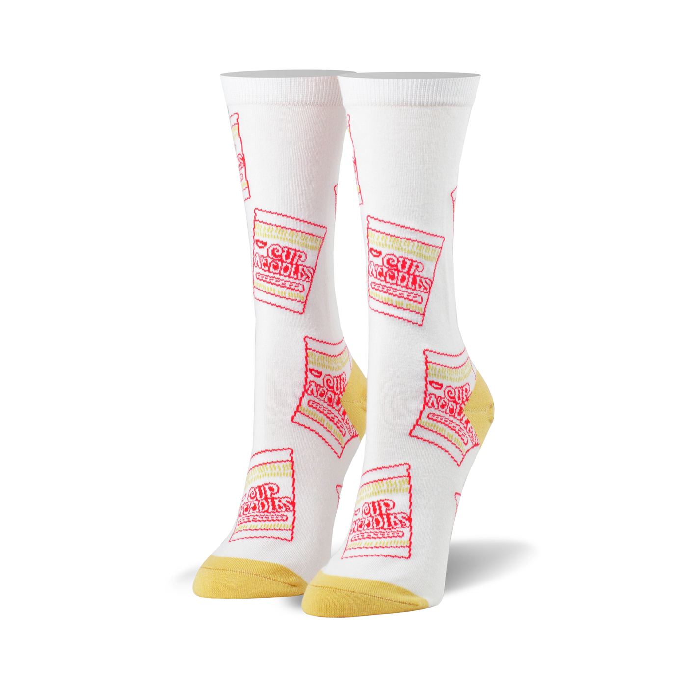 White crew socks with a repeating pattern of red and yellow Cup Noodles packaging.  A fun and quirky design for everyday wear.