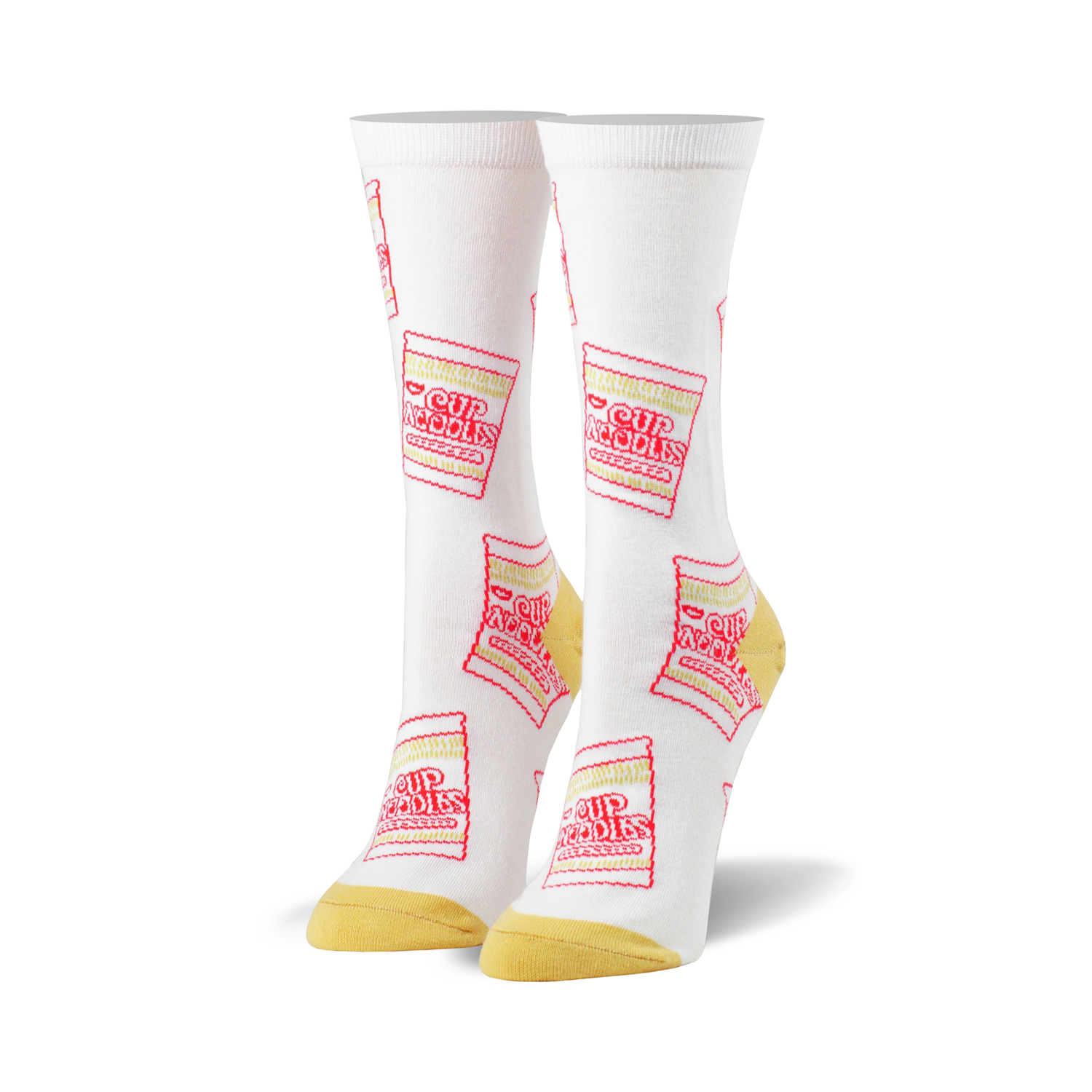 White crew socks with a repeating pattern of red and yellow Cup Noodles packaging.  A fun and quirky design for everyday wear.
