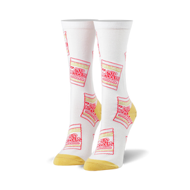 white crew socks with allover red and yellow cup noodles soup package pattern; perfect for cup noodles enthusiasts.  