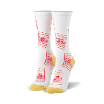 white crew socks with allover red and yellow cup noodles soup package pattern; perfect for cup noodles enthusiasts.  