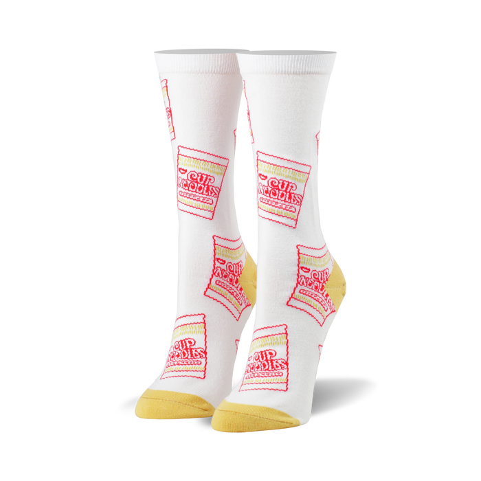 white crew socks with allover red and yellow cup noodles soup package pattern; perfect for cup noodles enthusiasts.   }}