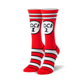 Pair of red and white striped crew socks with a whimsical 'Sock 1' and 'Sock 2' design. 