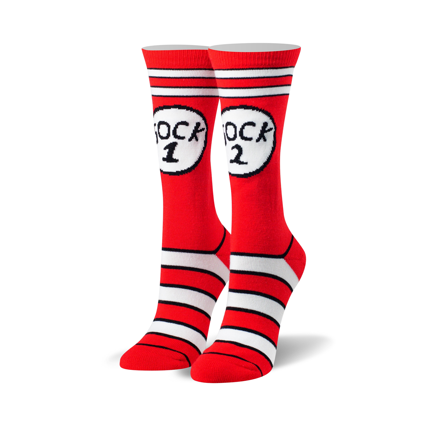 Pair of red and white striped crew socks with a whimsical 'Sock 1' and 'Sock 2' design. 